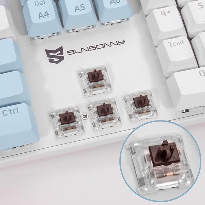 104 Keys US Layout Wired Mechanical PC Gaming Keyboard | White LED Backlit Hot Swappable Brown Switch Full Size Mechanical Keyboard | Blue & White Keycaps Wired Gaming Computer Keyboards