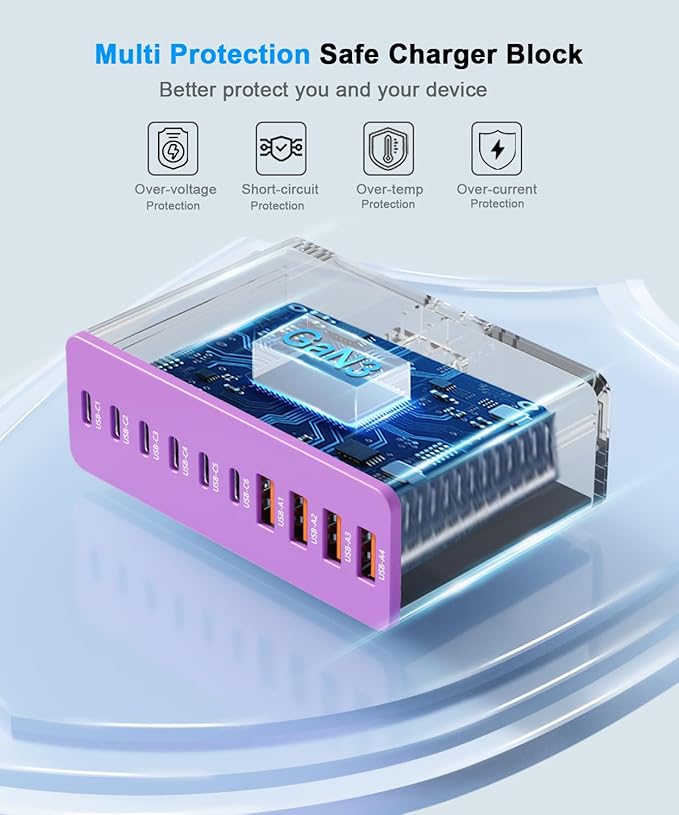 USB C Charging Station 10 Port with 4 USB Cables, 200W GaN Type C Charger Block, Wall Charger Power Strip Adapter Plug for iPad iPhone17 16 15 14 13 12 Pro Max Pixel Note Galaxy