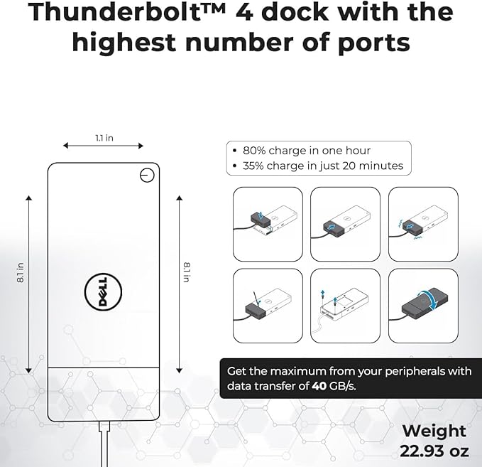 Dell WD22TB4 Thunderbolt 4 Dock Bundle - 40Gbps USB-C/USB-A, 1 Year Warranty with 180W Adapter, Anyhdd HMDI, DP, USB-C Cable & Cloth - Docking Station, Supports Dual/Triple Monitors & 4k Display