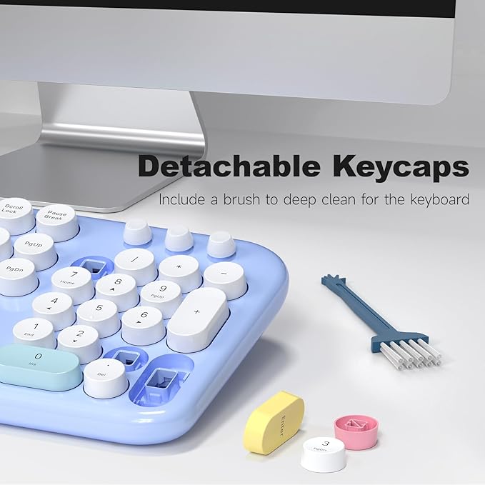 Retro Wireless Keyboard and Mouse Combo, SQMD Full-Size Office Typewriter Keyboard with Round Colorful Keycaps, 2.4G Cute Quiet Mouse for Windows PC, Home, Office, and College - Blue