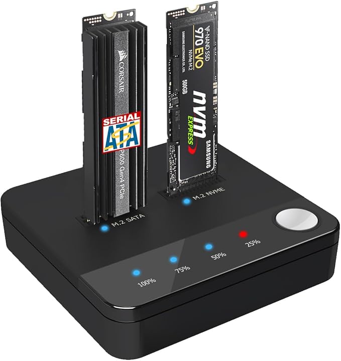 SETHDA M.2 NVME/SATA Duplicator, Dual-Bay Offline Clone M.2 NVME/SATA Docking Station, M.2 Reader 10Gbps for Both (M Key, B+M Key) PCIE NGFF Dock, Size 2230/2242/2260/2280/22110 Enclosure