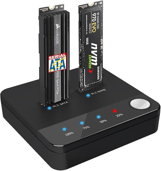 SETHDA M.2 NVME/SATA Duplicator, Dual-Bay Offline Clone M.2 NVME/SATA Docking Station, M.2 Reader 10Gbps for Both (M Key, B+M Key) PCIE NGFF Dock, Size 2230/2242/2260/2280/22110 Enclosure