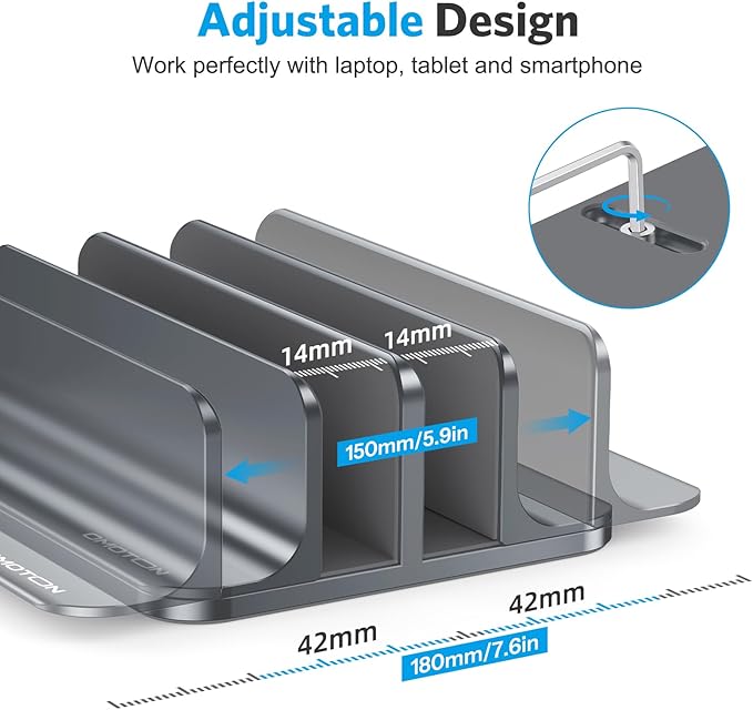 OMOTON [Updated Dock Version Vertical Laptop Stand, Double Desktop Stand Holder with Adjustable Dock (Up to 17.3 inch), Fits All MacBook/Surface/Samsung/HP/Dell/Chrome Book (Grey)
