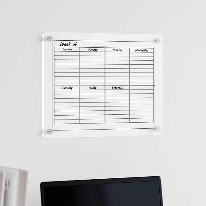 Acrylic Weekly Calendar Whiteboard for Wall, 15"x11" Small Clear Planner Dry Erase White Board for List, Kitchen, Planning, Memo