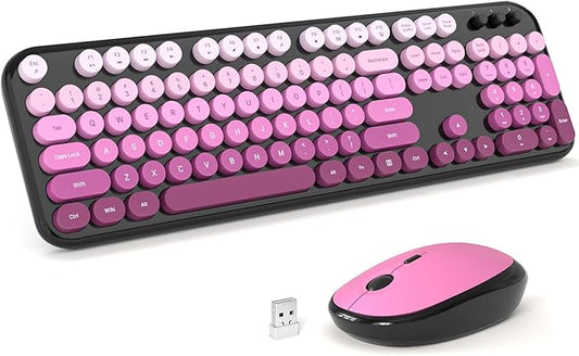 Wireless Keyboard Mouse Combo - Lovely Blackpink-Gradient Rainbow Full-Sized Typewriter Colorful Keyboards, Round Keycap Plug Play Retro Cute Keyboards for Windows, Laptop, PC, Desktop, Computer