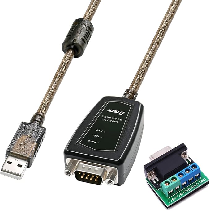 DTECH USB to RS485 Adapter RS422 Serial Port Cable with CP2102 Chip Terminal Board LED Lights Ferrite Core for Windows 11 10 8 7 XP Mac (5 Feet)