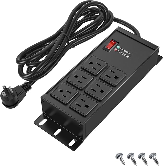 Heavy Duty Power Strip Surge Protector 2500J, 15A 1875W 6 Outlets Extension Cord 4FT 14AWG with Flat Plug, Metal Power Strip for Kitchen Appliances, Workshop, Garage & Office (Black, 4FT)