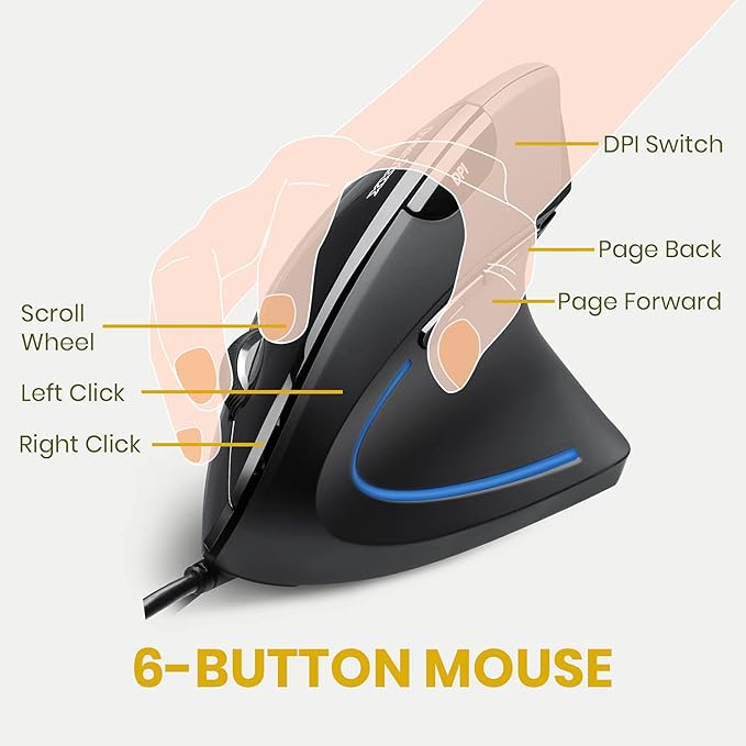 Perixx PERIMICE-513 Wired Ergonomic Vertical Mouse - 6 Buttons with 1000/1600/3200/6400 DPI - Right-Handed Design - Wired USB 5.9ft Cable - Black