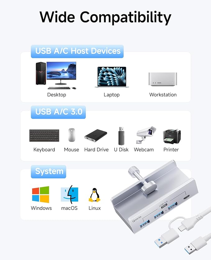 USB Hub 3.0, 5Gbps Clamp USB Hub for Desk/Monitors with Extra Power Supply Port, 3 USB-A Data Ports, USB-C Data Port for iMac Pro/iMac (Silver)