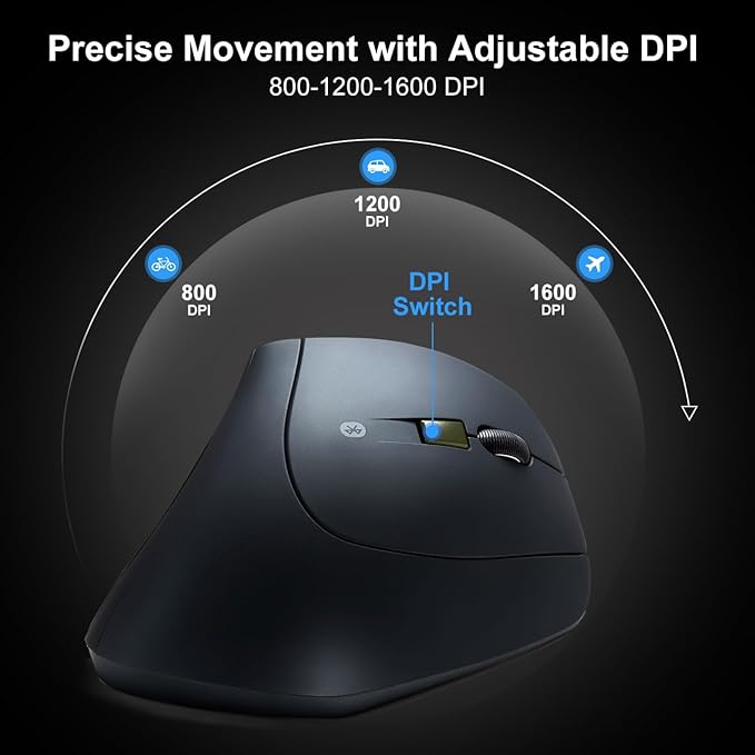 SANWA Bluetooth Ergonomic Mouse, Silent Click Wireless Ergo Vertical Mice, 3 Programmable Buttons, Reduce Wrist Pain, 800/1200/1600 DPI, Compatible with Mac, Laptop, Windows, Tablet, Phone