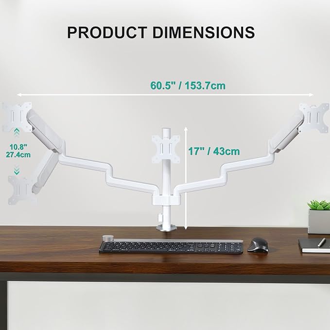 WALI Triple Monitor Mount for 13-32 inch Screens, Adjustable 3 Monitor Desk Mount with Swivel, Tilt, Clamp & Grommet Kit, Gas Spring Arm Triple Monitor Stand, VESA 75x75/100x100mm (GSDM003W), White