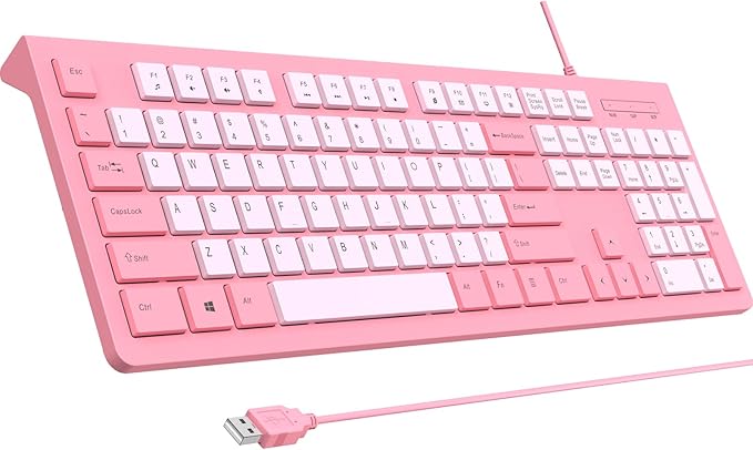 Wired Keyboard, Ultra-Thin USB Wired Computer Keyboard, Low-Profile Keys, Spill-Resistant, Multimedia Keys, Compatible with Windows, Mac, Chrome, Linux, and Android-Rose Pink