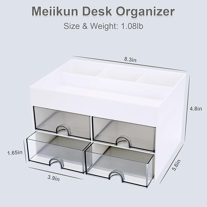 Desk Organizer, Office Organizer with Drawer, Desk Accessories & Workspace Organizers, Pen Holder Office Supplies for Desk (4 Drawers+4 Compartments, White)