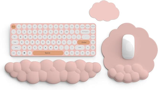 Cloud Keyboard Wrist Rest and Mouse Pad with Wrist Support Set, Ergonomic PU Leather Mouse Pads, Memory Foam Non-Slip Mousepad for Computer,Laptop, Light Pink Cloud