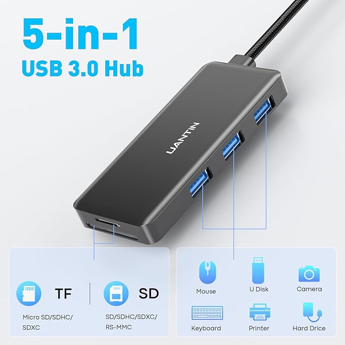 USB Hub for Laptop | 5-Port USBA Splitter with 3*USB-A 3.0 and SD/TF Card Reader 2FT Braided Nylon Cable, Multi-Port USB Extender for PC, MacBook, Mac mini, Surface, Desktop