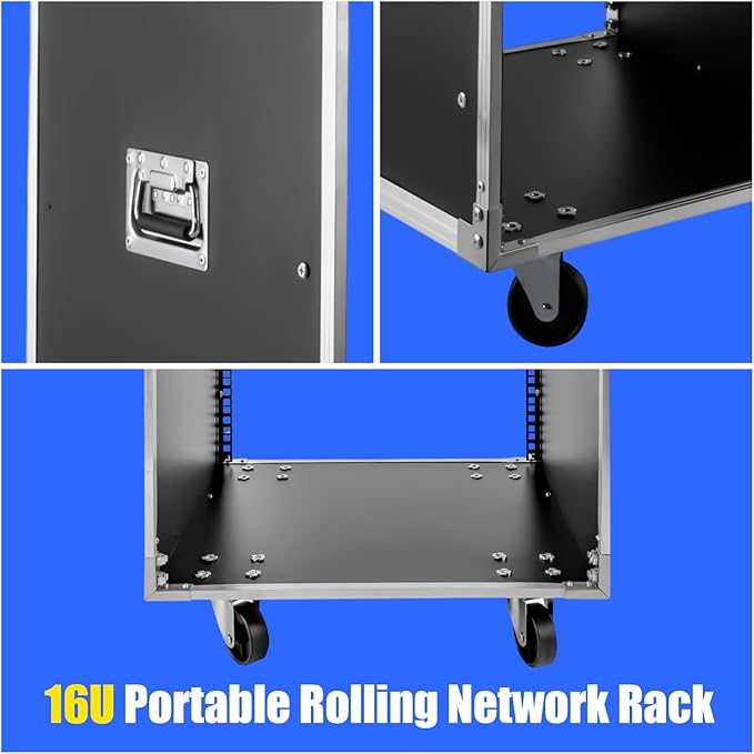 Portable Rolling Network Rack, 19 Inch 16U 4 Post Server Rack Open Frame Rolling Network Data Rack w/Casters, Metal Studio Rack Cabinet for Audio Video, Telecom, Equipment