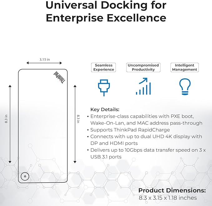 40AF0135US Lenovo Docking Station Dual Monitor Hybrid USB-C with USB-A - 1 Year Warranty, Thinkpad Dock w/ 135W Adapter, ANYHDD HDMI, DisplayPort, USB-C Cables, Cloth - Lenovo Laptop Docking Station