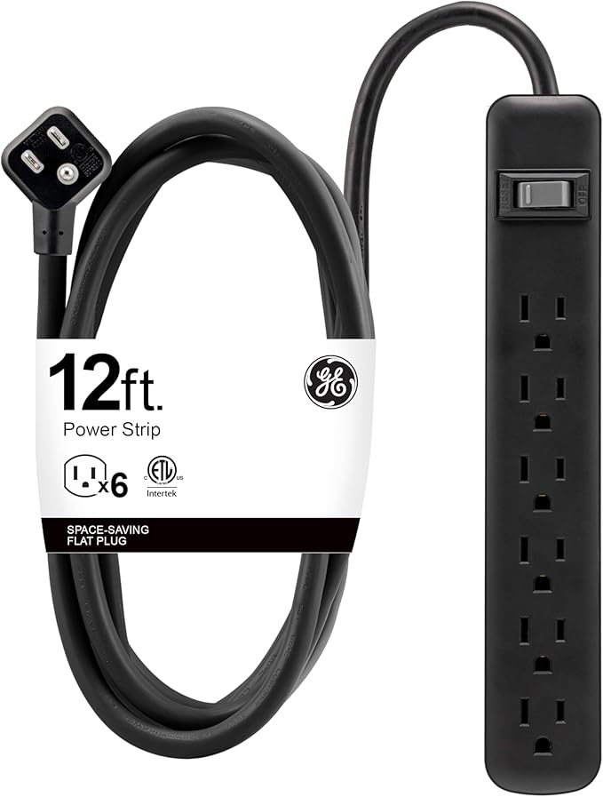 GE 6 Outlet Power Strip, 12 Ft Long Extension Cord, 3 Prong Outlets, UL Listed, Black, 45192