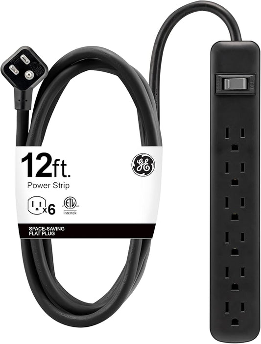 GE 6 Outlet Power Strip, 12 Ft Long Extension Cord, 3 Prong Outlets, UL Listed, Black, 45192