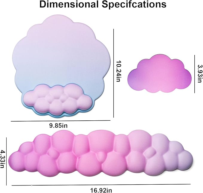 OUEST Cloud Wrist Rest Keyboard and Mouse Pad with Cute Ergonomic Memory Foam Non-Slip PU Base for Computer Mac Laptop Office Gaming-Blue/Pink/Purple