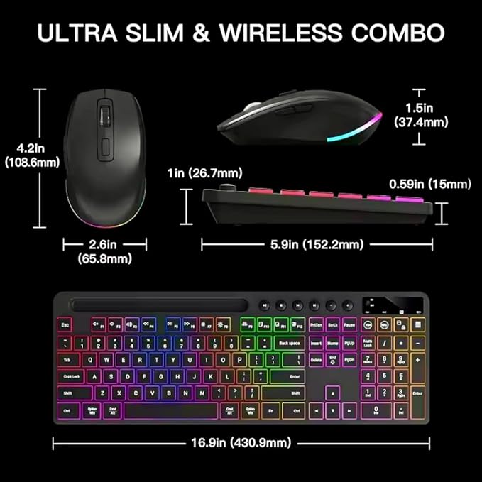 Wireless Keyboard and Mouse Combo, 2.4Ghz Rechargeable, 114-Key Full Size Keyboard with RGB Backlight, Phone Tablet Holder, Silent Ergonomic Keyboard & Mouse for Home, Office, Gaming
