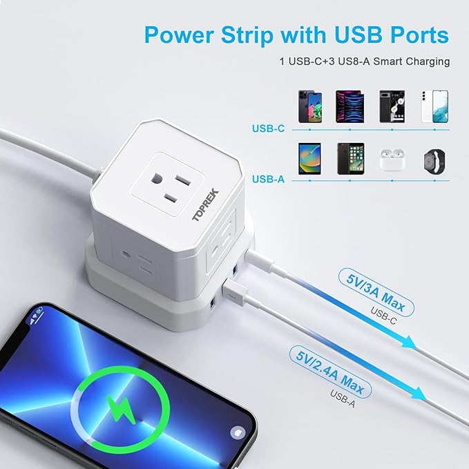 Extension Cord 25 FT, TOPREK 5 AC Outlets 4 USB, Power Strip with USB, USB C (15.5W/3.0A) Power Strip Surge Protector, Flat Plug Extension Cord for Apartment, Home Studio, RV