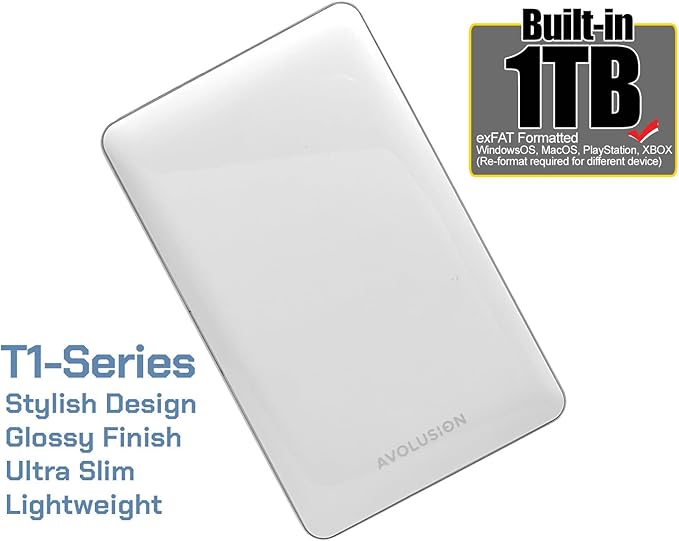 Avolusion T1 Series 1TB USB 3.0 Portable External Hard Drive for PC, Mac, PlayStation & Xbox (White) - 2 Year Warranty