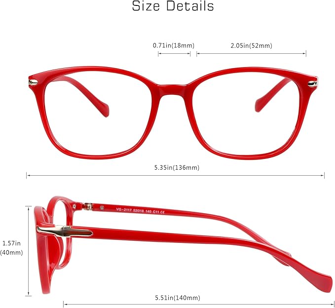VisionGlobal Blue Light Blocking Glasses for Women Men, Stylish Square Frame (Red, No Magnification)