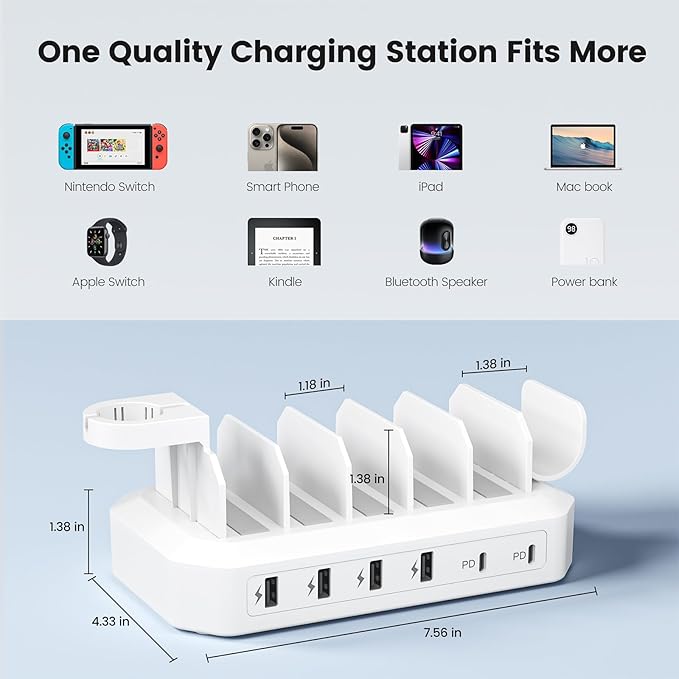 95W Fast Charging Station for Multiple Devices【UL & FCC Tested Safer Charging】 6-Port USB Charging Dock with 2 PD-Port, Compatible with iPhone/Android/MacBook/iPad/Tablet/Kindle(8 Cables Included)
