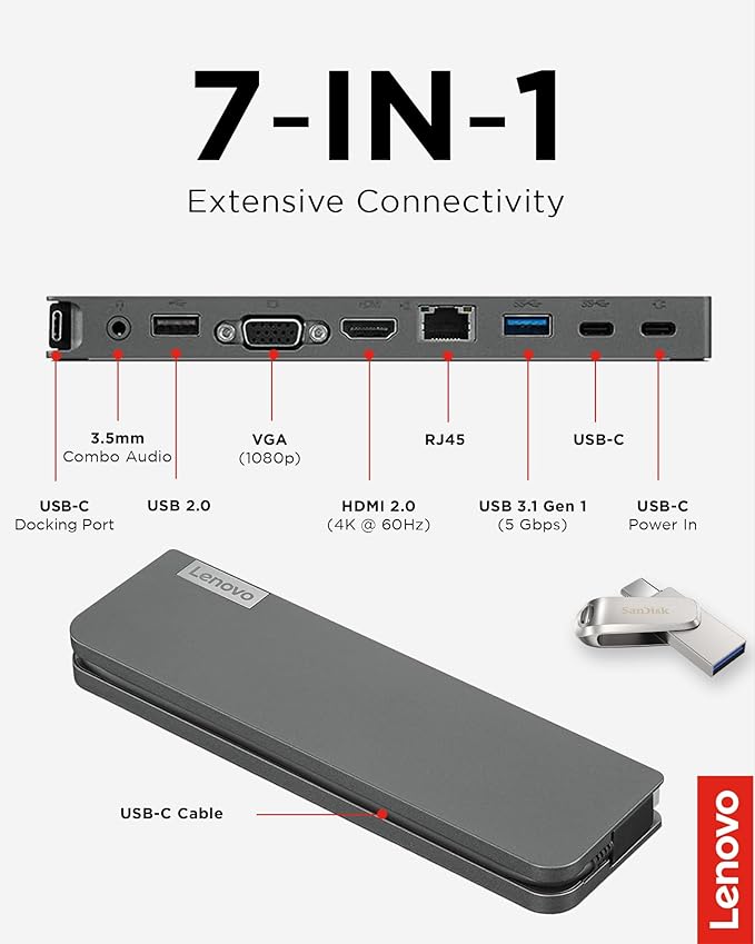 Lenovo 7-in-1 Portable USB-C Mini Dock - HDMI & VGA, 45W Charging, Compatible with Lenovo, Apple & USB-C Laptops, G0A70065US