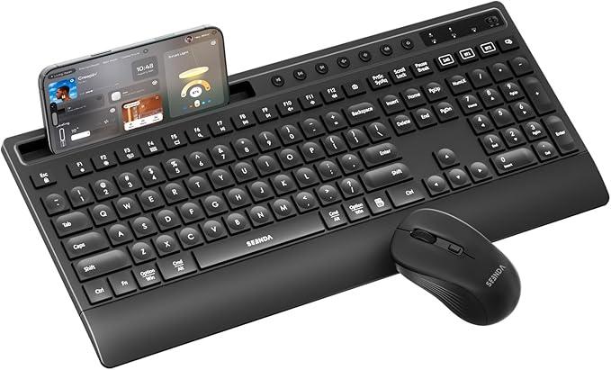 seenda Bluetooth Keyboard and Mouse Combo, Multi-Device Ergonomic Keyboard Mouse with Phone Holder, Full Size Wireless Quiet Combo Compatible for Windows, Laptop, MacBook, PC, iPad - Black