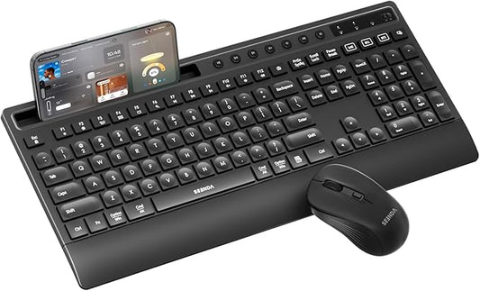 seenda Bluetooth Keyboard and Mouse Combo, Multi-Device Ergonomic Keyboard Mouse with Phone Holder, Full Size Wireless Quiet Combo Compatible for Windows, Laptop, MacBook, PC, iPad - Black