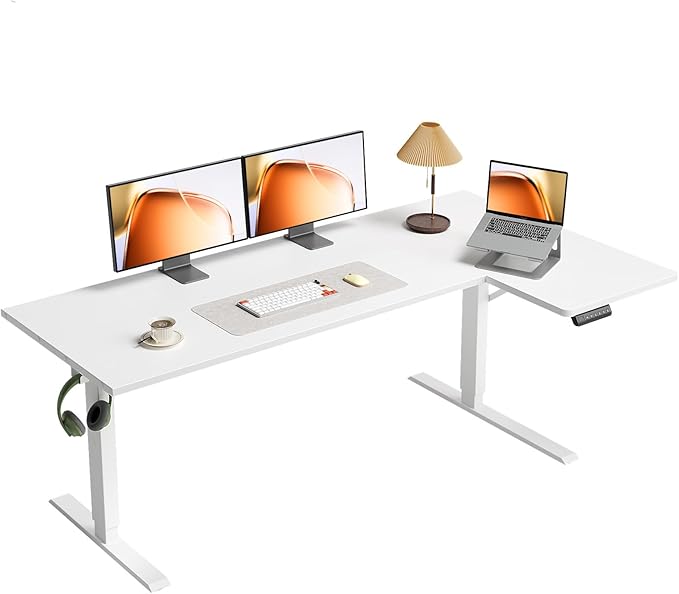 OffiGo Electric L Shaped Standing Desk, 63 Inches Height Adjustable Table, Reversiable Corner Stand Up Desk, Lifting Computer Table for Home Office, Computer Workstation, White