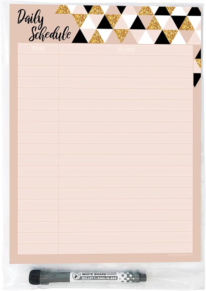Dry Erase Daily Schedule Planner Sticker Decal by Glassboard Studio | Removable & Reusable | Magnetic Fine-Tip Marker Included (9 x 12 inches, Rose & Gold)
