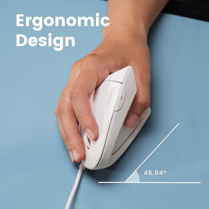 Perixx PERIMICE-513W Wired Ergonomic USB Mouse - 6 Buttons with 1000/1600 DPI - Vertical Right-Handed Design - White