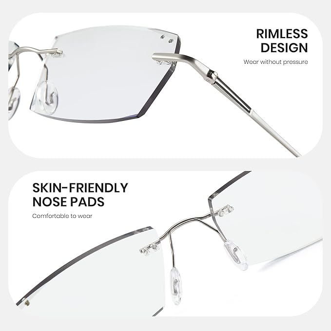 Cyxus Photochromic Blue Light Glasses for Men Women UV Protection Sunglasses Rimless Eyeglasses Ultralight Metal Square Eyewear