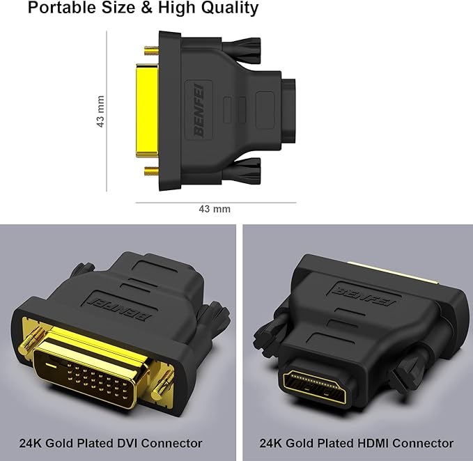 BENFEI DVI to HDMI, Bidirectional DVI-D to HDMI Male to Female Adapter with Gold-Plated Cord 2 Pack