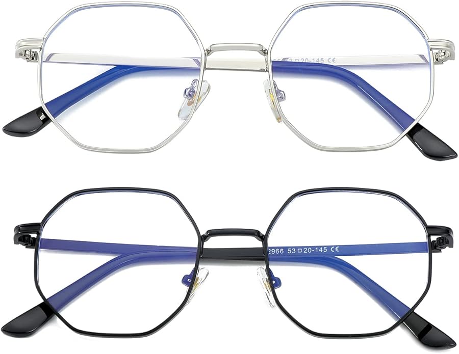 JOVAKIT Polygon Blue Light Blocking Glasses for Women Men Vintage Octagon Square Non-prescription Metal Eyeglasses