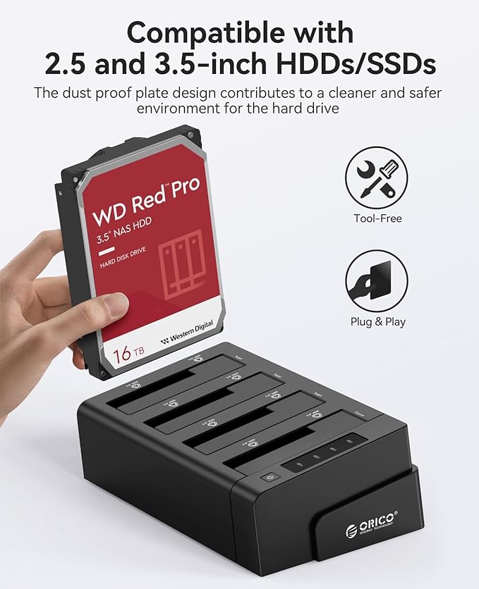 ORICO 4 Bay External Hard Drive Docking Station USB 3.0 to SATA I/II/III for 2.5''/3.5'' HDD SSD with Hard Drive Clone Function Slope Design Support UASP [4 x 20TB]-6648US3