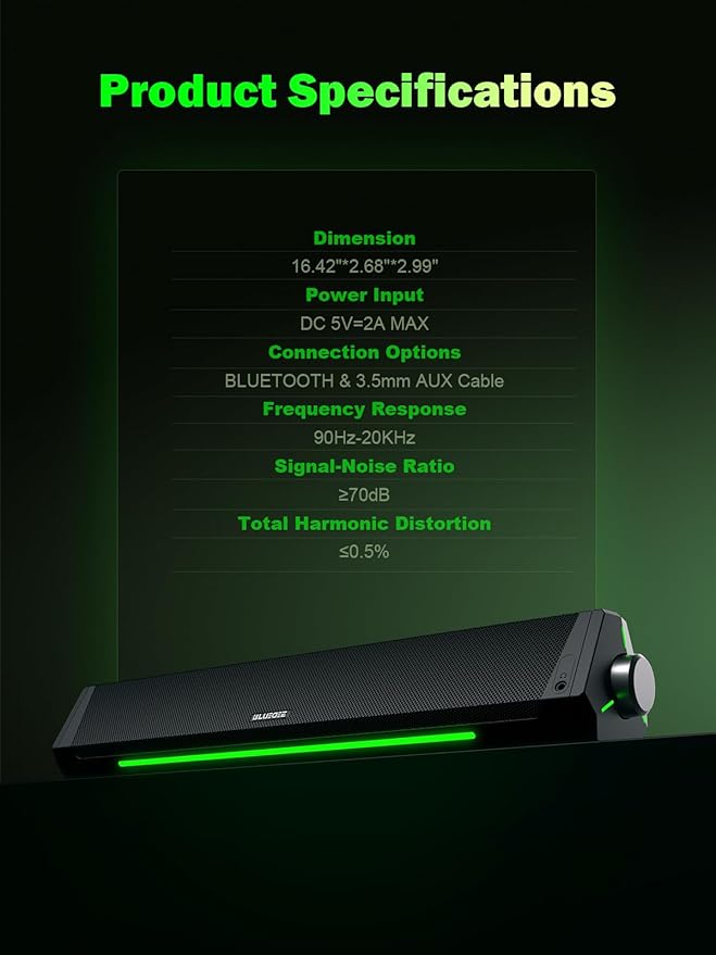 BLUEDEE Computer Speakers for Desktop PC, Computer Sound bar, HiFi Stereo Speakers for Computer Desktop, Bluetooth 5.0 and 3.5mm Aux-in PC Soundbar, USB/USB C Powered Gaming Speakers for pc, Laptop