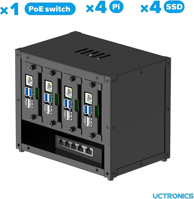 UCTRONICS Upgraded Complete Enclosure for Raspberry Pi Cluster, with 4 Removable Mounting Brackets for Pi 5, 4B, 3B+/3B, and Other B Model and 2 Cooling Fans,Support 4 2.5" SSD and Switch