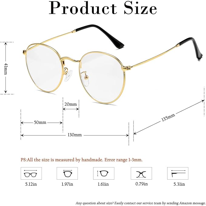 HJSTES Round Blue Light Glasses for Women Men Retro Circle Clear Lens Metal Frame Eyeglasses
