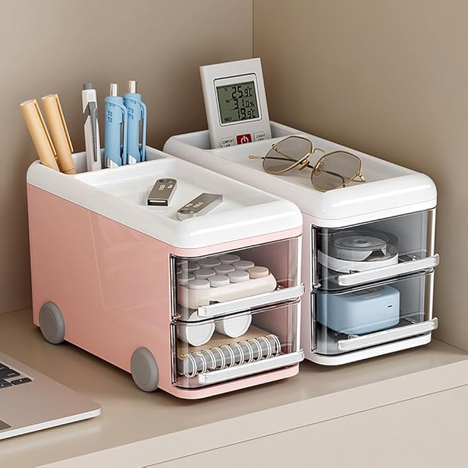 LETURE Cute Desk Organizer with drawers, Plastic Desktop Storage for Business Card/Pen/Pencil/Mobile Phone/Stationery Holder Box, Desktop Organizer for Office School Home (White)
