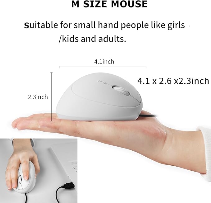 Wired Vertical Mouse, Ergonomic Optical USB Cord PC Gaming Mice 800-1200-1600 DPI Portable Silent Mause for Laptop Desktop Office Use (White)