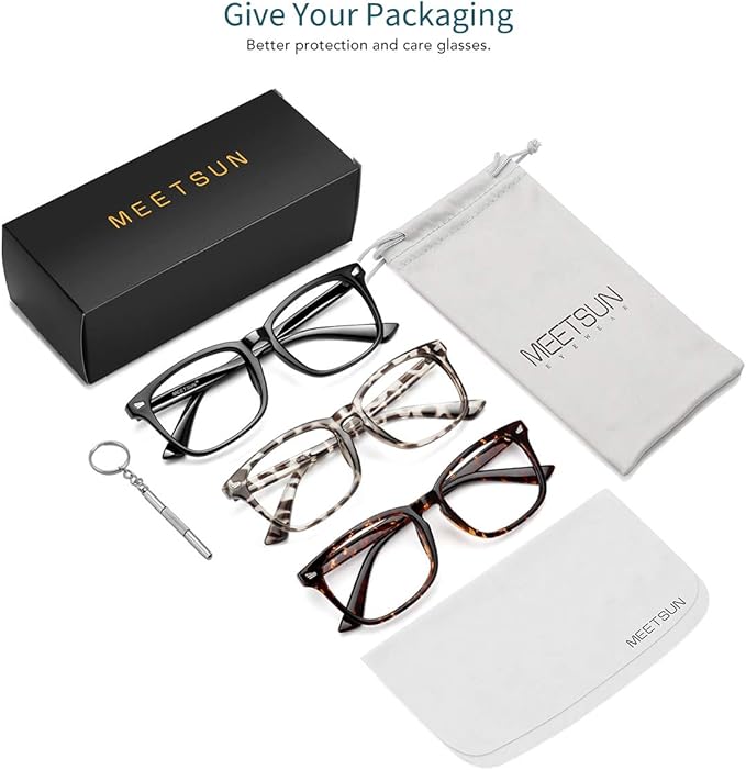 MEETSUN Blue Light Blocking Glasses, Anti Eye Strain Headache (Sleep Better),Computer Reading Glasses UV400 Transparent Lens (Black+Leopard+Tortoise, 53)