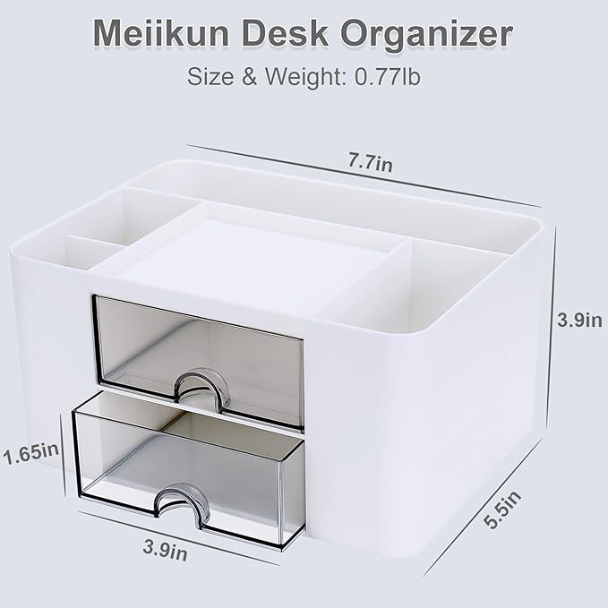 Plastic Pen Organizer, Multifunctional Desk Organizer with 2 Drawers, 4 Compartments & a Top Tray, Pencil Holder Desktop Organizers and Accessories for Office, 7.7" x 5.5" x 3.9" (White)