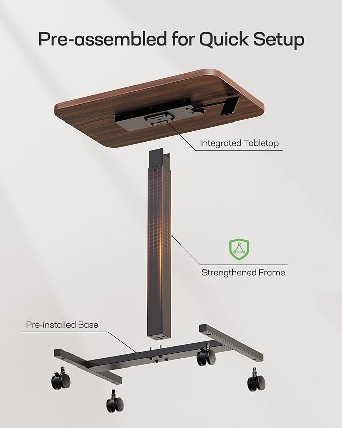 Marsail Mobile Standing Desk, Wider Height Adjustable Computer Desk, Rolling Sit Stand Desk with 4 Lockable Wheels, Desk for Home Office and Classroom, Walnut