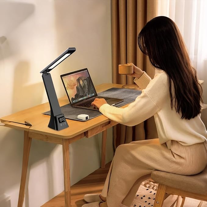 IHAO 3in1 Foldable Eye-Care Desk Lamp with 15W Wireless Charger & Digital Clock Touch Control, 3 Color Temperatures, Alarm, 180° Foldable, Phone Stand, Modern LED Table Lamp TYV-2088 White