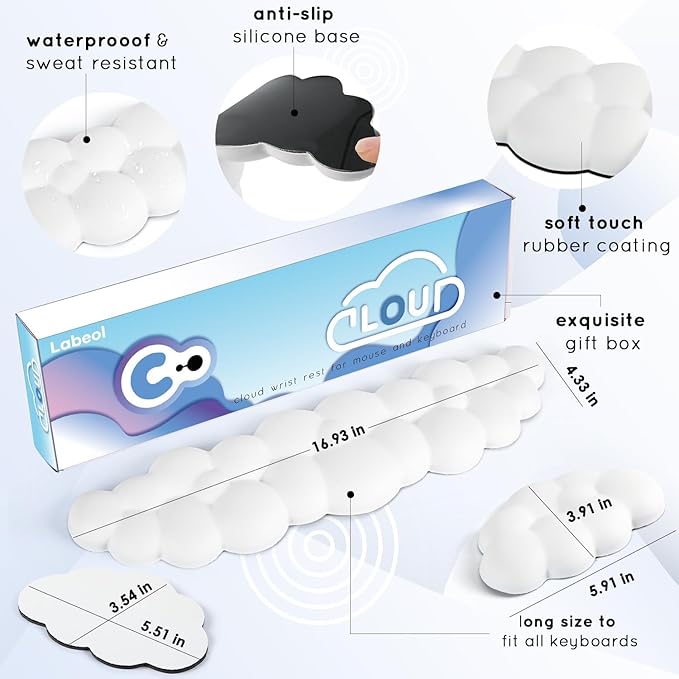 Cloud Wrist Rest for Computer Keyboard Arm Wrist Rest with Non-Slip Base Extended Rest Ergonomic Memory Foam for Keyboard and Mouse Typing Pain Relief, Office, Gaming, Computer