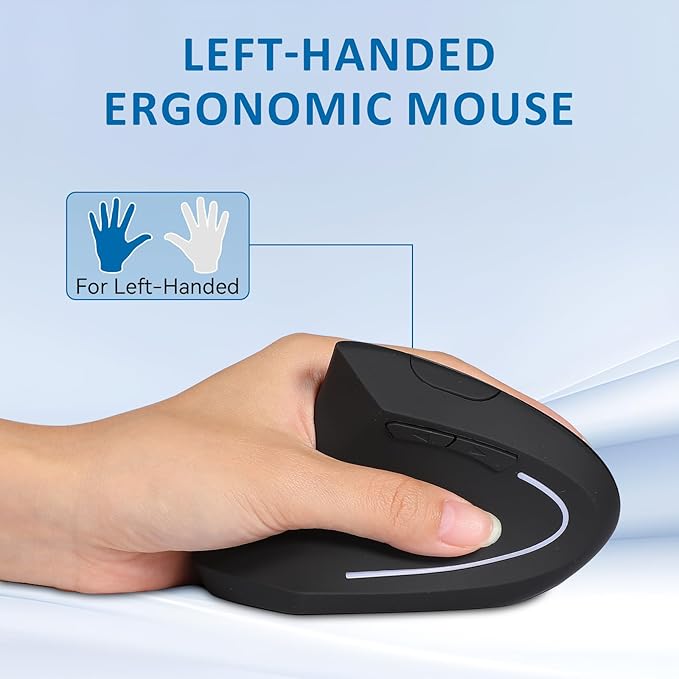 Left Handed Mouse, 2.4G Wireless Left Handed Ergonomic Mouse with 800/1200/1600 Adjustable DPI, 6 Buttons Wireless Vertical Mouse for MacBook/Laptop/PC/Desktop-Black